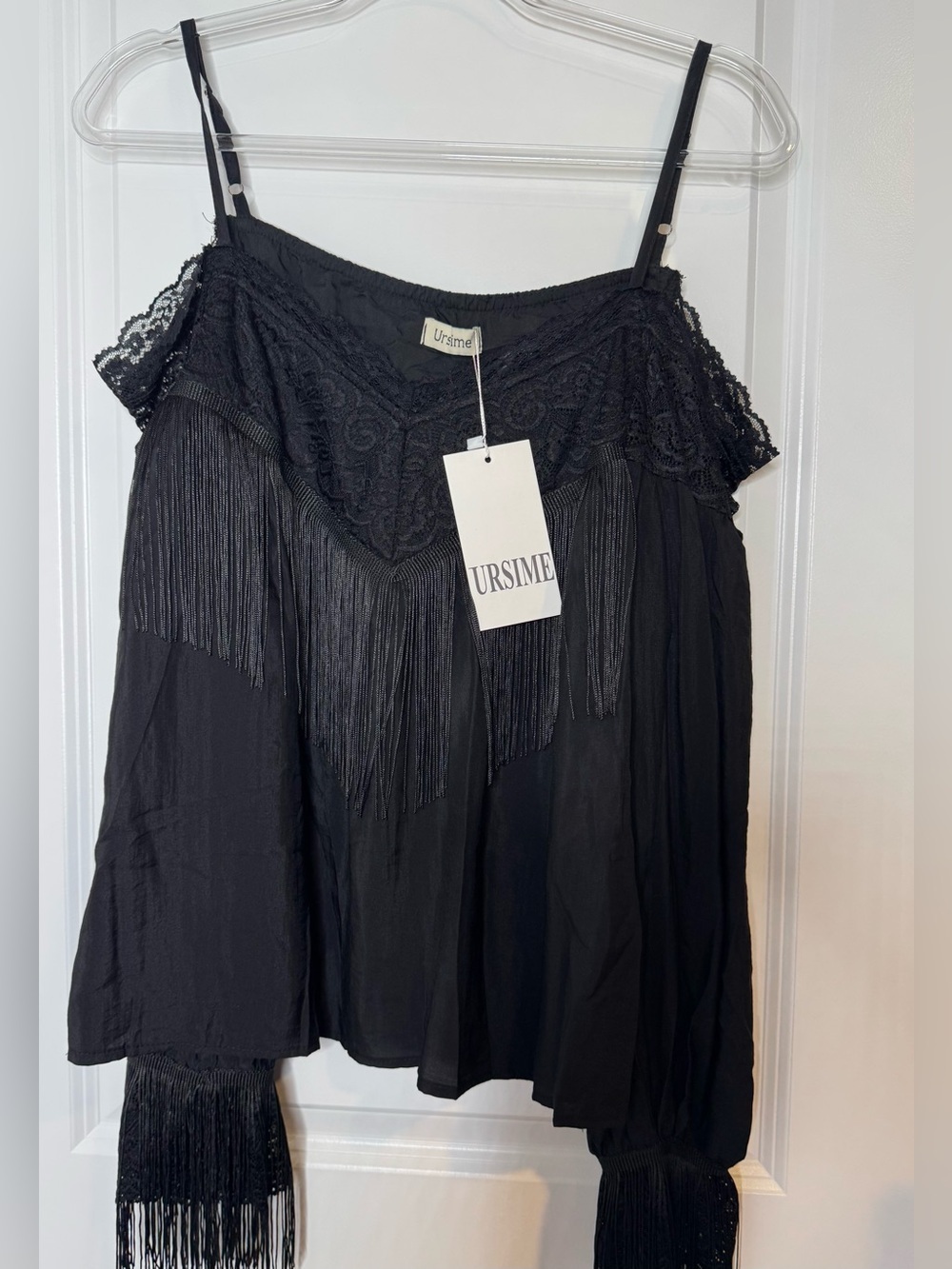 URSIME Black Fringe lace v-neck boho western long sleeve cold shoulder sz md